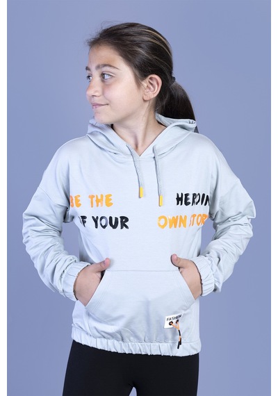 Toontoy Kız Çocuk Kanguru Cepli Baskılı Sweatshirt Gri