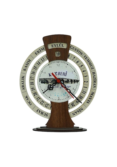E38 El İşçiliği Kayseri Şahruk Köprüsü Ahşap Takvimli Masa Saati 25x20 Cm- 6010