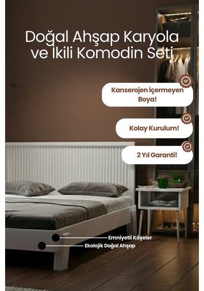 Renazzo Ebruli Dikey Başlıklı Masif Ahşap Karyola Ve 2 Beyaz 140x200 Beyaz - 140 X 200 Renazzo Ebruli Dikey Başlıklı Masif Ahşap Karyola Ve 2 Beyaz 140x200 Beyaz - 140 X 200