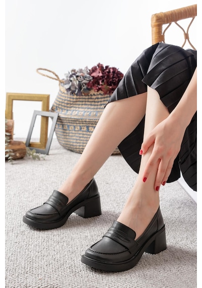 Asmi Shoes Kadın Melina Siyah Cilt 6 Cm Topuklu Loafer Ayakkabı Siyah Siyah