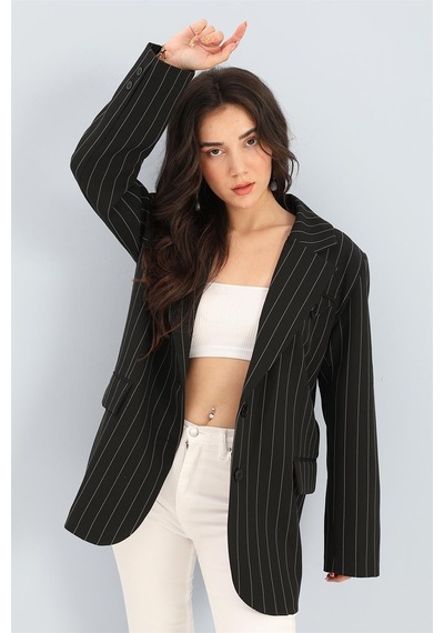Blazer Ceket Çizgili Atlas Kumaş - Siyah-siyah Siyah