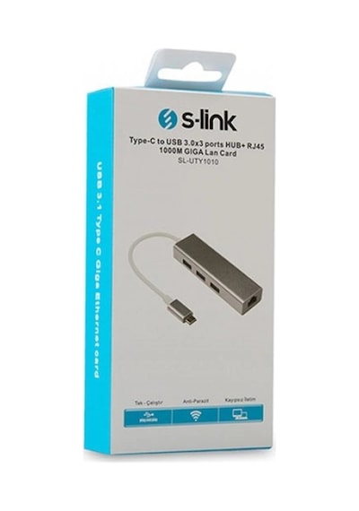 S-link Sl-uty1010 Tpye-c To Usb 3.0 - 3 Ports + Rj Gıgabıt Ethernet Hub Kdo