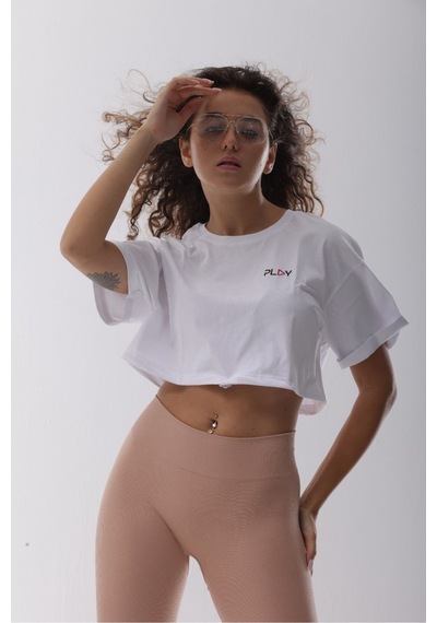 Crop Beyaz Kısa Belden Lastikli Tişört Beyaz