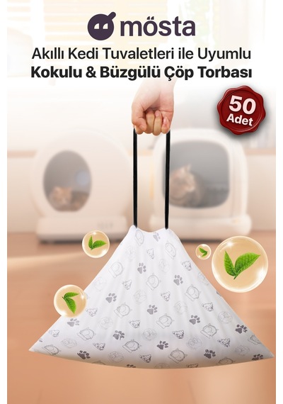 Atık Torbası - Akıllı Kedi Tuvaletleri İle Uyumlu Mösta Kokulu & Büzgülü Atık Torbası