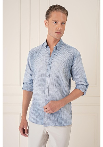 Efor Comfort Fit Batik Desen %100 Keten Mavi Gömlek G 1571 Mavi