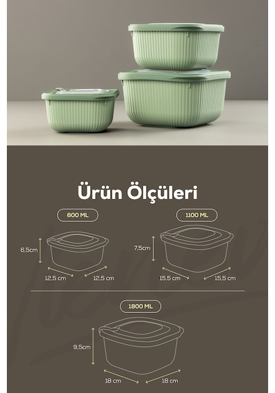 Vienve Mikrodalga Ve Difrize Uygun Vip Kapaklı Özel Saklama Kabı Seti Yeşil 3'lü Yeşil