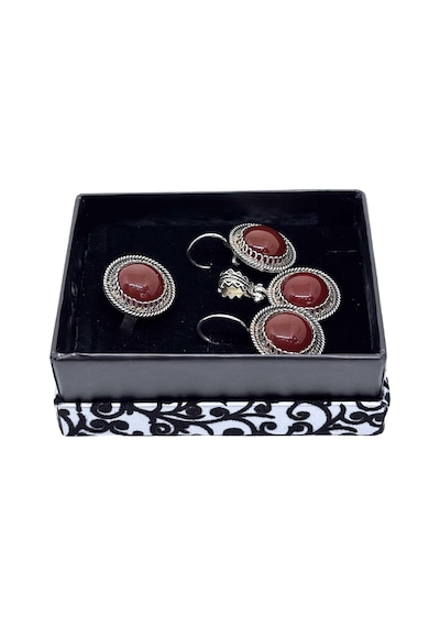 Oya Silver Authentic Büyük Akik Işıltılı Gümüş Set&takım