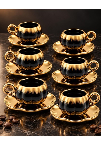 Valkyrie 6 Kişilik Siyah Gold Balkabağı Model Türk Kahvesi Fincan Takımı 12 Parça 80 Ml Çeyizlik Siyah