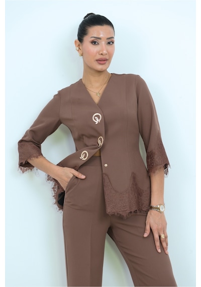 Dorne Moda Dantel Detaylı Düğmeli Pantolon Takım - Düğün - Mezuniyet - Ofis Şıklığı beyaz