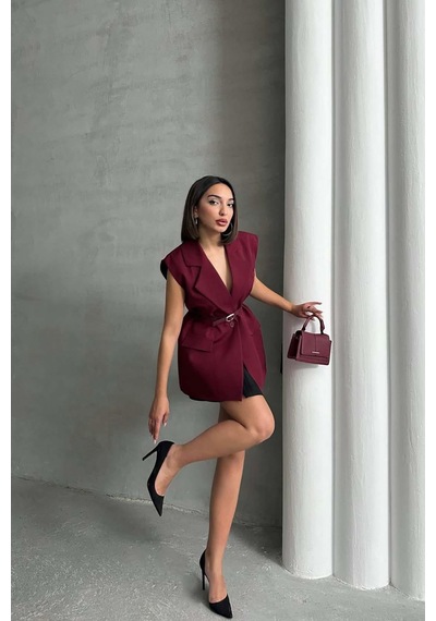 Myloore Kadın Bordo Kemerli Kolsuz Blazer Yelek Mlb153