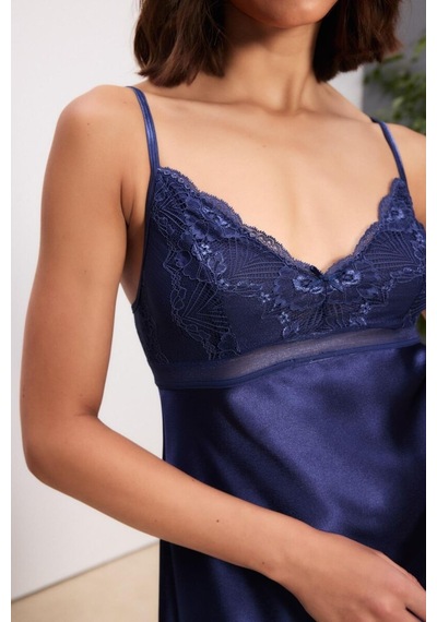Pierre Cardin Laci Saten Dantelli Kadın Gecelik Sabahlık Takımı 4510 Lacivert