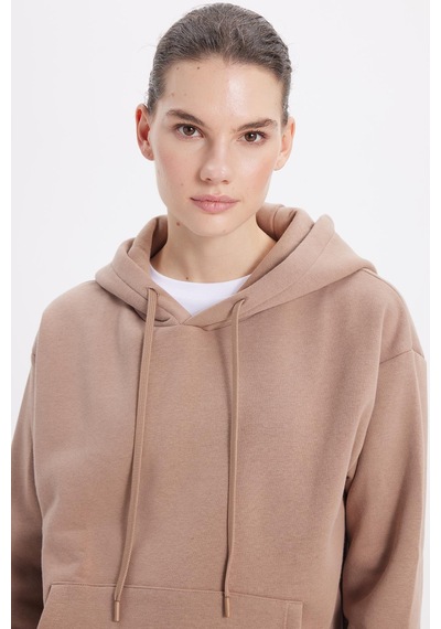 Tudors Kadın Oversize Geniş Kesim Pamuklu Yumuşak Dokulu İçi Polarlı Basic Vizon Kapüşonlu Sweatshirt-37905 VIZON