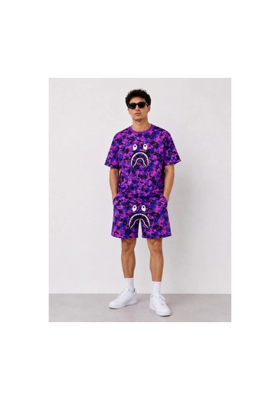 Butik İstanbul Erkek Oversize Kalıp Pubg Bape X Shark Nakışlı Cepli Şort Takım - Mor