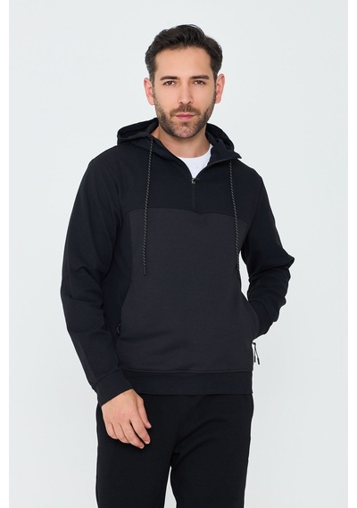 White Stone Siyah Kapüşonlu Yarım Fermuarlı Yandan Cepli Erkek Sweatshirt
