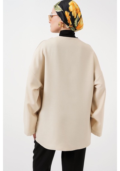Hiccup Bdart Keten Karışımlı Uzun Kollu Önü Bağcıklı Kimono Bej