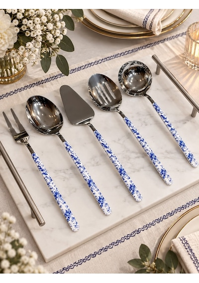 5 Parça Sos Kepçe Servis Takımı Floral Blue -7964 Çok Renkli