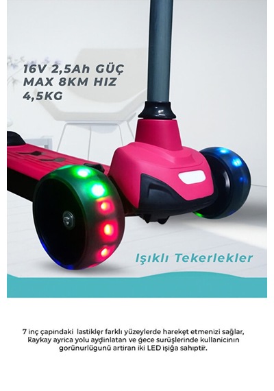 Elektrikli 3 Tekerlekli Çocuk Scooter Pembe