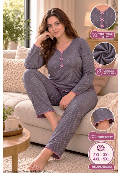 Seboteks Mevsimlik İnce Kumaş Puantiyeli Uzun Kollu Büyük Beden Kadın Pijama Takımı 3157 Füme Seboteks Mevsimlik İnce Kumaş Puantiyeli Uzun Kollu Büyük Beden Kadın Pijama Takımı 3157 Füme
