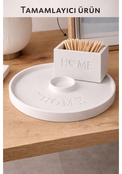 25 Cm Özel Tasarım "home" Temalı Yuvarlak Dekoratif Tepsi / Mum Tepsisi / Biblo Tepsisi Beyaz