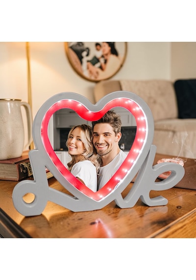 Love Yazılı Led Işıklı Kişiye Özel Fotoğraflı Sihirli Ayna Kırmızı-beyaz Sevgiliye Hediye Beyaz