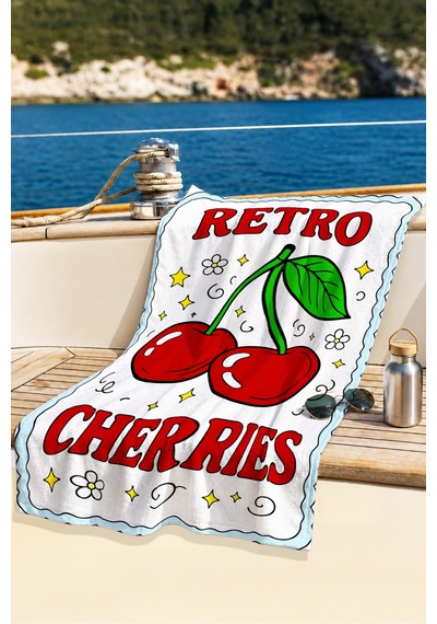Retro Kiraz Temalı Mikrofiber Plaj Havlusu - Vintage Pop Art Beyaz Kırmızı Hızlı Kuruyan Havlu Yumuşak Bulut
