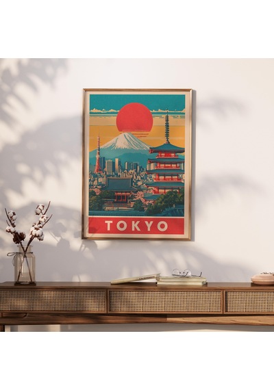 Retro Tokyo Seyahat Posteri: Fuji Dağı Ufuk Çizgisi Sanatı &