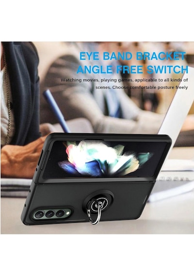 Samsung Galaxy Z Fold 6 Uyumlu Kılıf Yüzüklü Standlı Extra Darbe Koruma Sert Kapak - Siyah