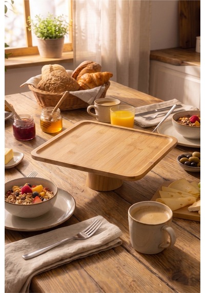Ayaklı Kare Bambu Sunumluk 28x28 Cm Dekoratif Sunum Standı Pasta Standı Kahvaltılık Meyvelik Servis Tabağı Bej Bej