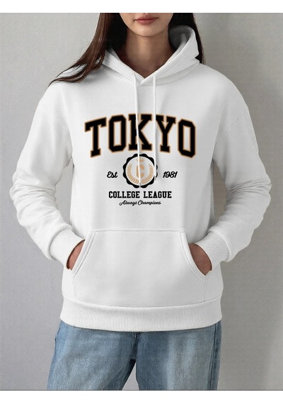 Startmore Tarzsokak Tokyo Kolej Ligi Baskılar Hoodie Kadın Kış Polar Sıcak Kazak Temelleri Cep Kazak Rahat Rahat Beyaz