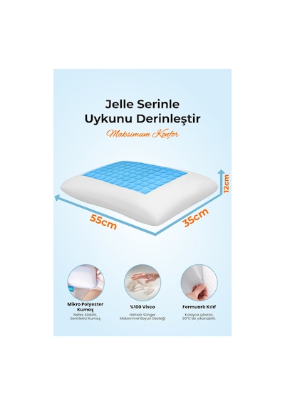 Viscofoam Comfy Terletmeyen Ortopedik Yastık Serinleten Visco Yastık Jelli Yastık 55x35x12cm
