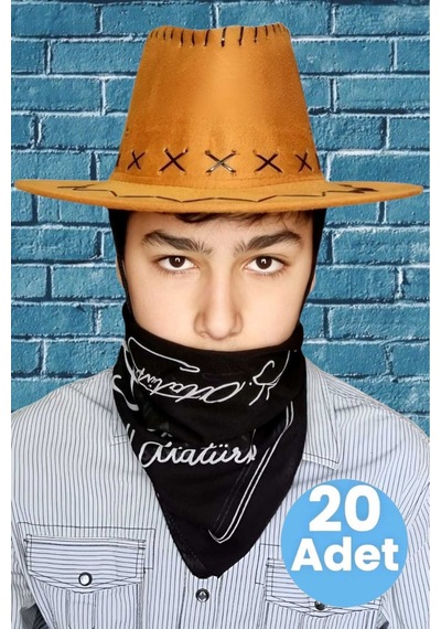 Uniquetrenders Çocuk Unisex Bandanalı 20'li Nubuk Kovboy Şapkası 8-14 Yaş Taba 6
