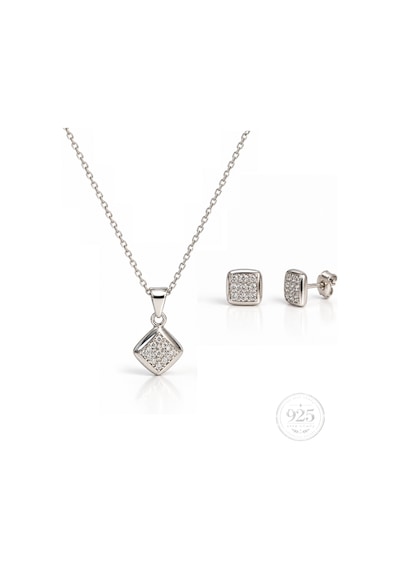 Servi 925 Ayar Gümüş Modern Kare Zirkon Taşlı Kolye Ve Küpe Set-515