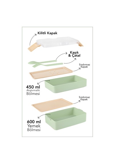 2 Katlı Kilitli Beslenme Kabı - Kendinden Çatal Kaşıklı Lunch Box Beslenme Kutusu Saklama Kabı Yeşil
