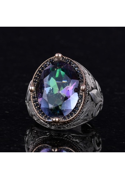925 Ayar Gümüş Yüzükler Premium Üretilmiş Taşlarla Mistikal Topaz Üretilmiş Taşı Gümüş