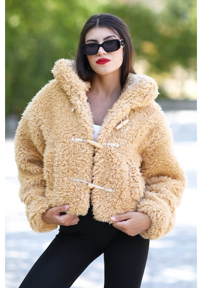Giysa Kadın Peluş Mont Sarı Çoban Düğmeli Kısa Kesim Yumuşak Dokulu - 8749 Camel