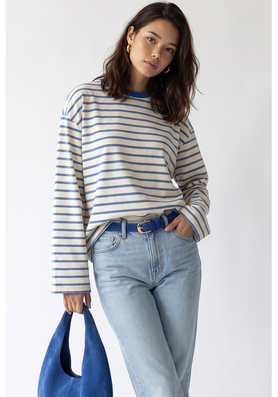 Mixray 2236 Çizgili Bisiklet Yaka Uzun Kol Oversize Sweatshirt Mavi