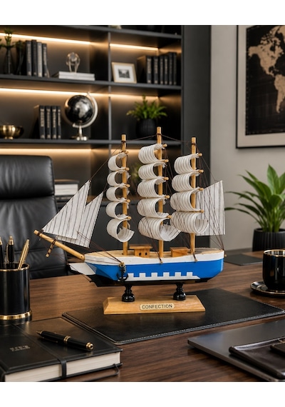 Kişiye Özel Ahşap Dekoratif Yelkenli Gemi Maketi 24 X 24 Cm Premium Ofis Masası Dekoru 529c