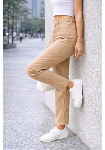 Cedy Denim Kadın Yüksek Bel Soho Boyfriend Jean C599 Camel