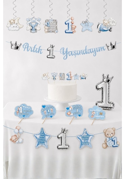 1 Yaş Erkek Bebek Parti Seti Mavi Ayıcık Temalı Artık 1 Yaşındayım Doğum Günü Süsleri