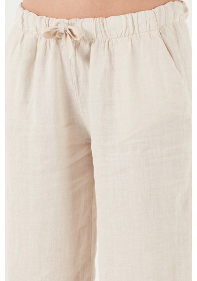 Lela Relaxed Fit Normal Bel Geniş Paça Çift Cepli Keten Bayan Pantolon 668Yp4991 Taş
