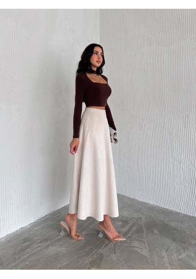 Ozy Fashion Kadın Süet Kloş Etek Bej