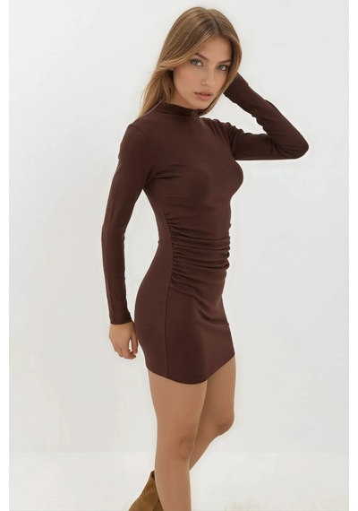 Hiccup Bodycon Modal Kumaş Mini Elbise Kestane Kahvesi