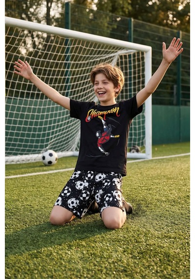 Zuzunga Erkek Çocuk Champion Futbol Baskılı Şort Alt - Üst Takım Beyaz - Siyah