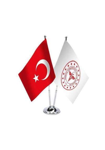 T.c. Sağlık Bakanlığı Ve Türkiye - İkili Paslanmaz Metal Krom Direkli Saten Masa Bayrağı 1