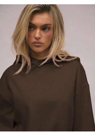 Macklin Unisex Kadın Erkek Baskısız Rahat Kalıp Oversize 3 İplik Kapüşonlu Hoodie Ve Baggy Eşofman Altı Kahverengi
