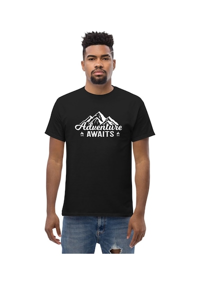 Wildstyle Adventure Awaits Dağ Macera Temalı Baskılı Unisex Bisiklet Yaka Pamuklu Tişört Siyah