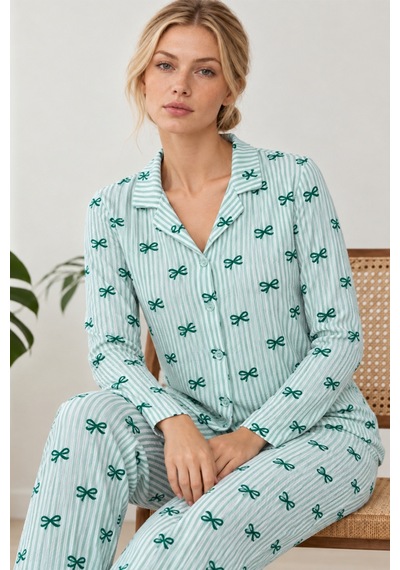 Womanandkids Yeşil Kadın Kurdela Desenli Bol Pijama Takımı 4799