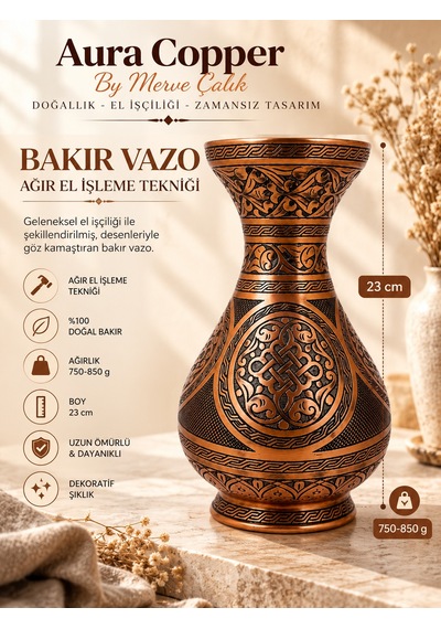 Aura Copper Dekoratif Bakır Vazo 23 Cm Ağır El İşlemeli El Yapımı Obje Çiçeklik Vz-00003