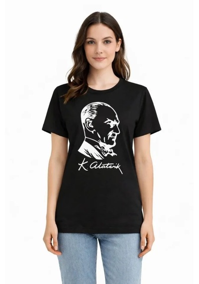 Modi Atatürk Baskılı Tişört Kısa Kollu Bisiklet Yaka T-shirt - Siyah Açık Siyah