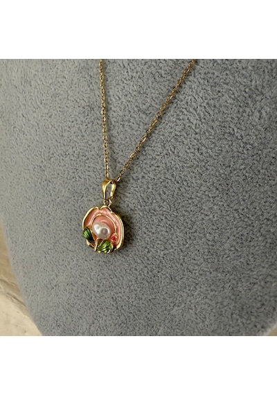 Rhea İnci Ve Çiçek Detaylı Renkli Vintage Tasarım Minimal Kolye Açık Pembe